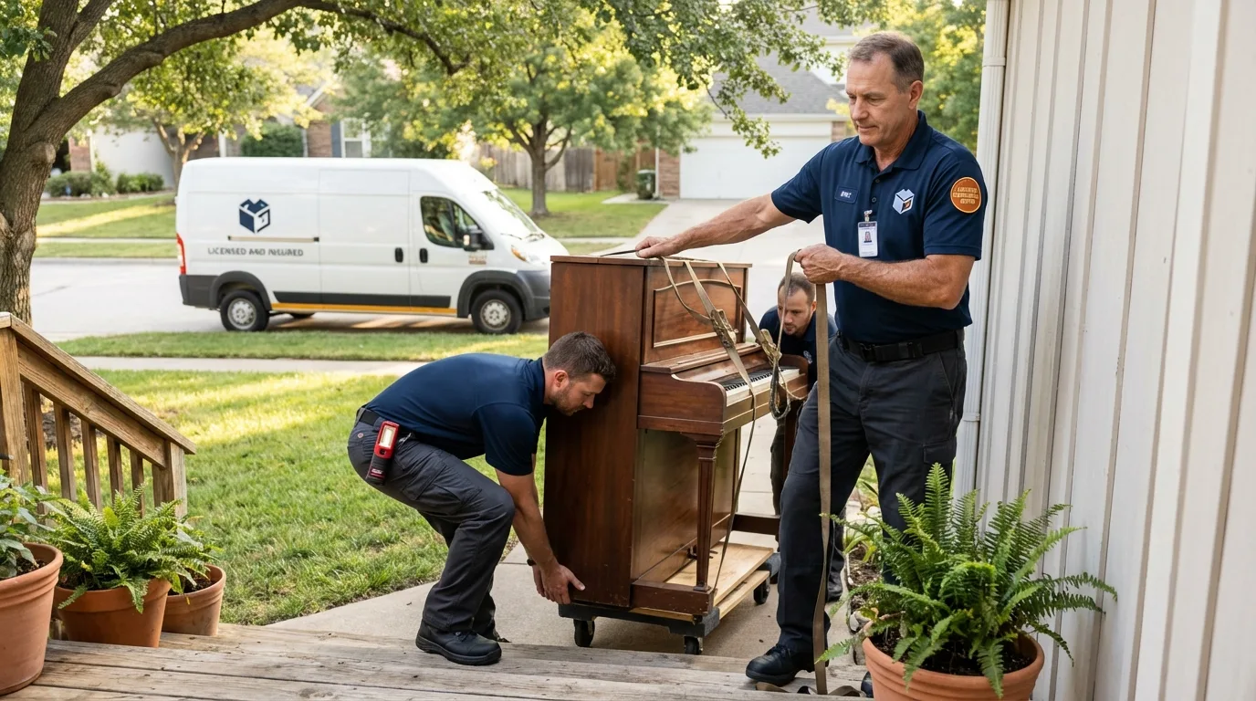 Licensed piano movers securing grand piano in Harrison, OH