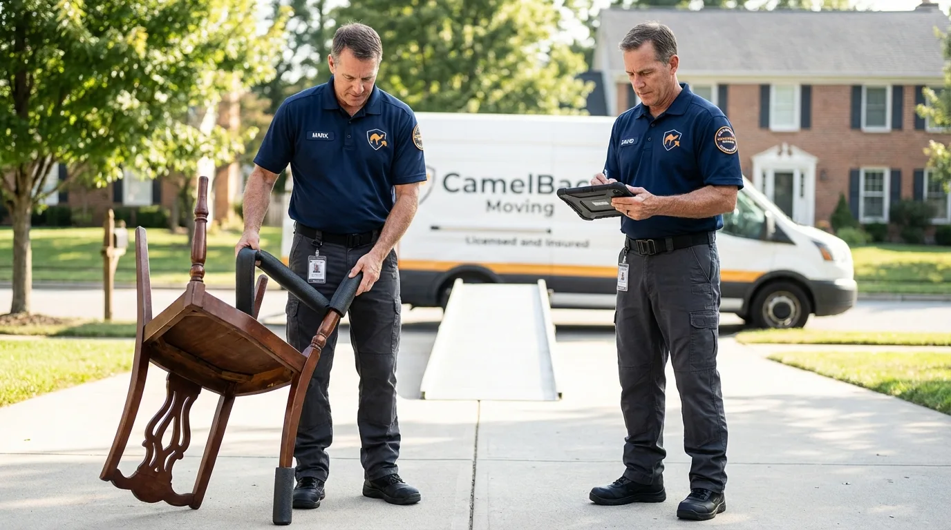 Movers inspecting furniture for damage prevention before loading in Harrison, OH