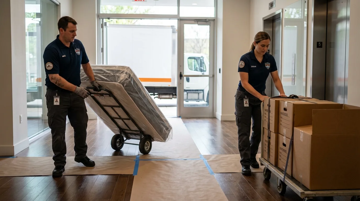 Professional apartment movers loading elevator in Harrison, OH